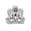 Scrooge McDuck sitting in a leather chair in a black suit.  Against the background of the casino and the roulette table tattoo design idea