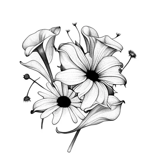 bouquet of a daisy and hibiscus and dandelion and calla lily tattoo design idea