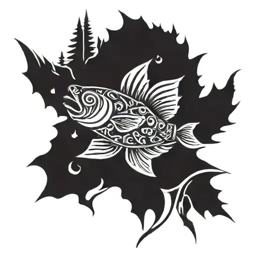 circle Canadian maple leaf fish, jumping icebergs and mountains tattoo design idea