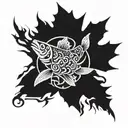 circle Canadian maple leaf fish, jumping icebergs and mountains tattoo design idea