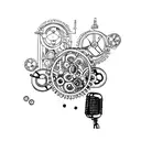 A steampunk-inspired Sherlock Holmes with gears and cogs, holding a microphone and singing tattoo design idea