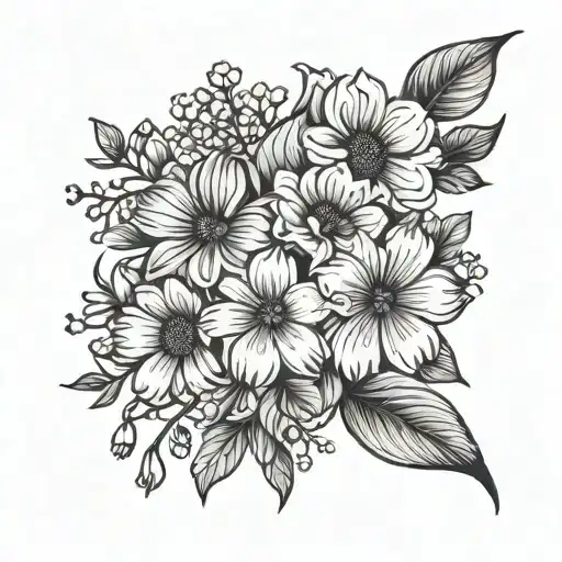 A minimalist tattoo design featuring the birth flowers of January, July, November, and September in a black-grey style tattoo design idea
