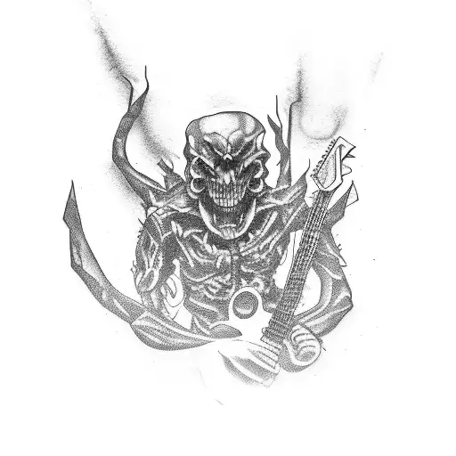 a rock band with guitarist bassist and Drummer monsters tattoo design idea