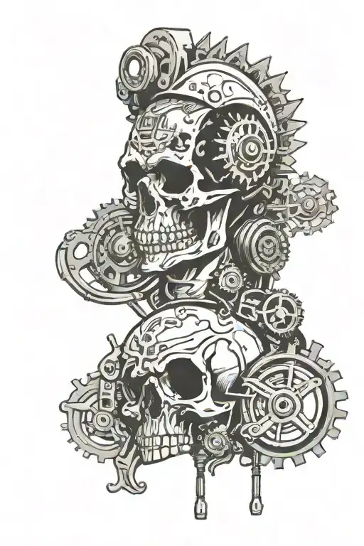 Mechanical gears and punk rocker perfecto in skull tattoo design idea