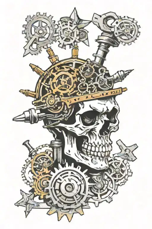 Mechanical gears and punk rocker wears perfecto in skull tattoo design idea
