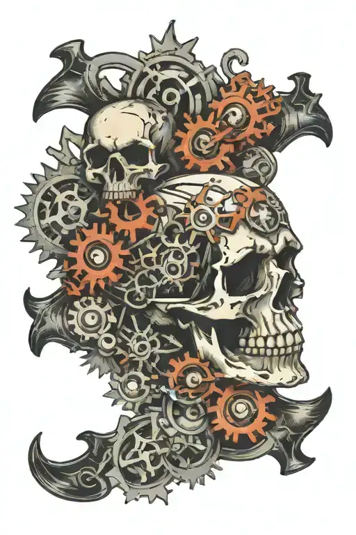 Mechanical gears and punk skull tattoo design idea