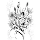 boquete of flowers which include 1 gladiolus, I water lily, 1 rose, 1 lily, 1 daisy and the name Gomez  tattoo design idea