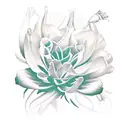 boquete of flowers which include 1 gladiolus, I water lily, 1 rose, 1 lily, 1 daisy and the name Gomez  tattoo design idea