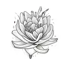 boquete of flowers which include 1 gladiolus, I water lily, 1 rose, 1 lily, 1 daisy and the name Gomez  tattoo design idea