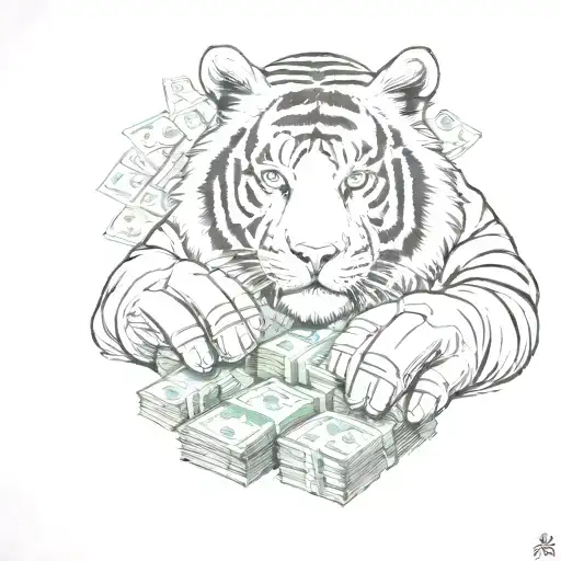 A detailed sketch of a tiger with goalkeeper gloves on, surrounded by stacks of money, symbolizing the passion for both hustling and goalkeeping tattoo design idea