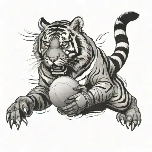 A black and grey portrait of a fierce tiger wearing a goalkeeper jersey, with money flying around as if in motion tattoo design idea