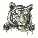 A black and grey portrait of a fierce tiger wearing a goalkeeper jersey, with money flying around as if in motion tattoo design idea