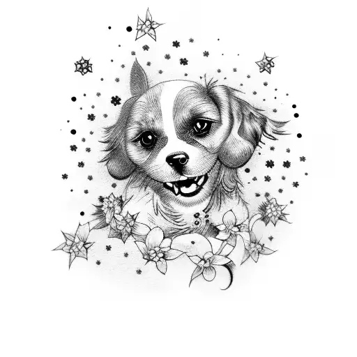 A dog sitting under a blossoming tree with stars scattered above tattoo design idea