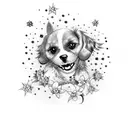 A dog sitting under a blossoming tree with stars scattered above tattoo design idea