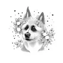 A dog sitting under a blossoming tree with stars scattered above tattoo design idea