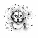 A dog sitting under a blossoming tree with stars scattered above tattoo design idea