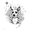 A dog sitting under a blossoming tree with stars scattered above tattoo design idea