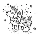 A dog sitting under a blossoming tree with stars scattered above tattoo design idea