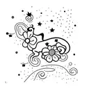 A dog sitting under a blossoming tree with stars scattered above tattoo design idea