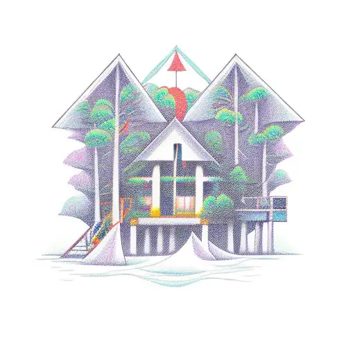 lake house with a bent thumb up  tattoo design idea