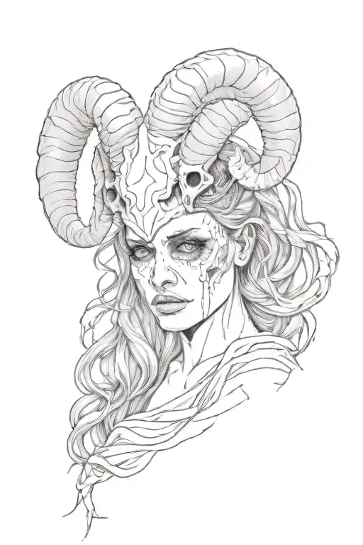 maiden with a ram skull on her head covers her eyes scary realism tattoo design idea