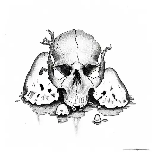 rotting skull mushrooms leaves nature tattoo design idea