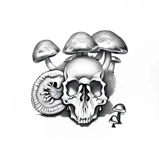  skull filled with mushrooms leaves nature tattoo design idea