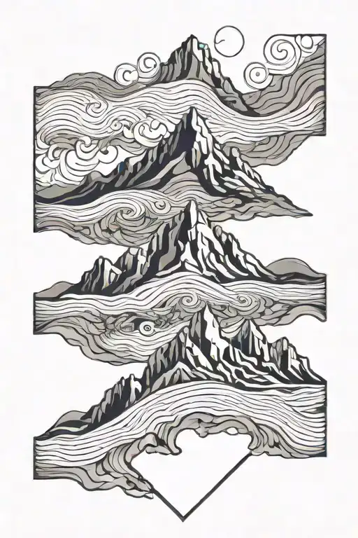 Initials GAH and HMH incorporated into a geometric mountain range and ocean waves design tattoo design idea