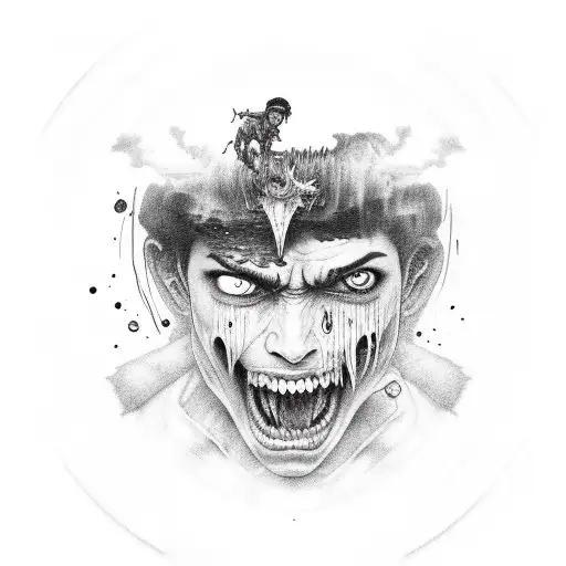 A haunting portrait of Guts screaming in pain tattoo design idea