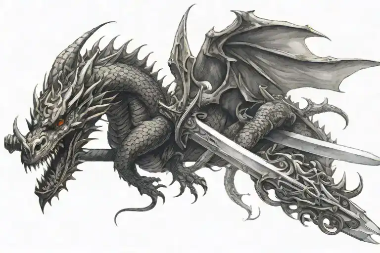 sword intertwined with dragon flying tattoo design idea