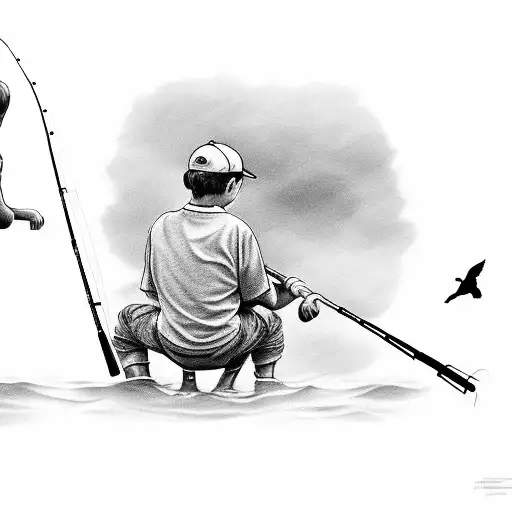  tattoo of a father and child fishing together, with birds perched on their fishing rods tattoo design idea