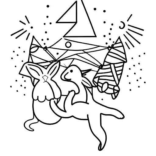 An artistic representation of a couple dancing under the stars with a rabbit and puppy nearby tattoo design idea