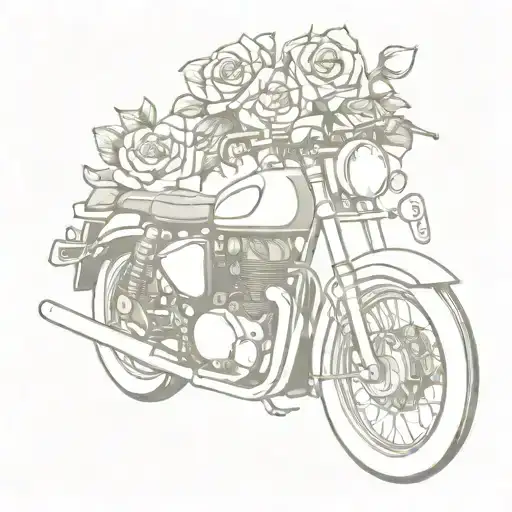 Norton motorcycle in grayscale with 4 coloured flowers or roses  tattoo design idea