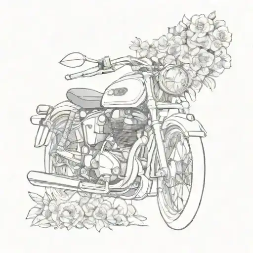 Norton motorcycle in grayscale with some coloured flowers  tattoo design idea