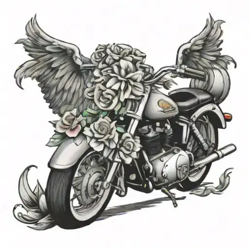 Norton motorcycle in grayscale with coloured flowers or roses surrounded tattoo design idea