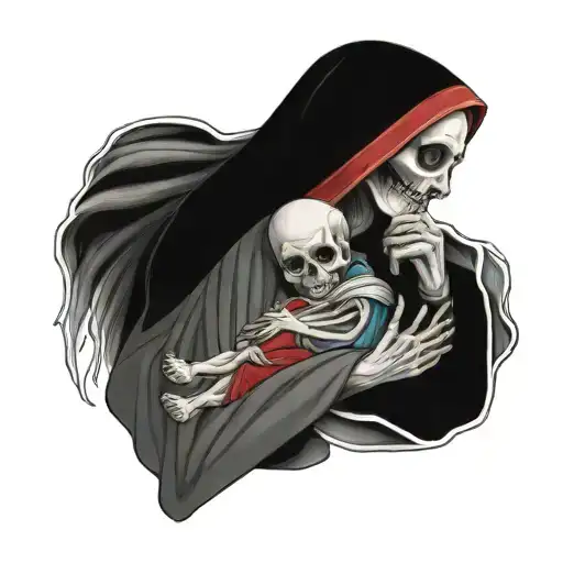 Skeleton virgin Mary in her vail, holding a sad crying alive infant in wrapped in a cloth in her arms to her chest and l tattoo design idea