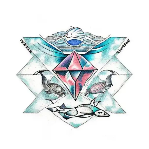 triangle with hawain surrounding , Eagle ray, sea turtle, ocean themed, tattoo design idea