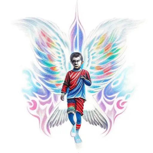 A colorful tattoo of a child of God surrounded by angel wings, incorporating blue, white, black, and red accents tattoo design idea