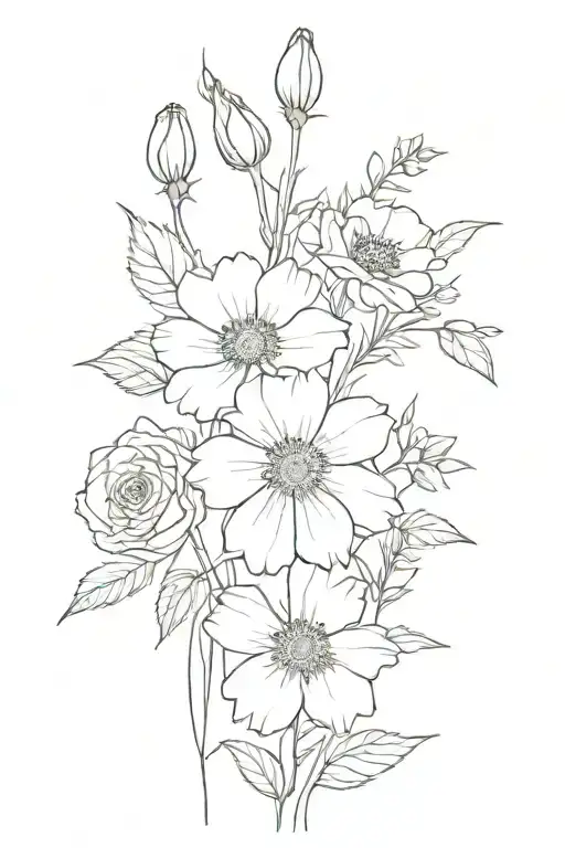 rose, larkspur, poppy and cosmos flowers tattoo design idea