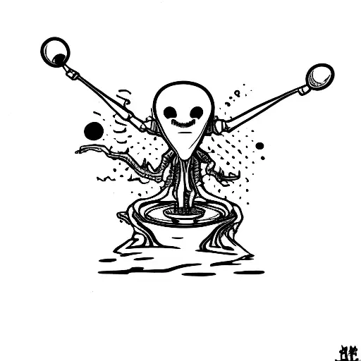 an Alien sitting on a swipe. I would like a simple style, black and white, similar to Adolf Hoffmeister, dash shaw  tattoo design idea