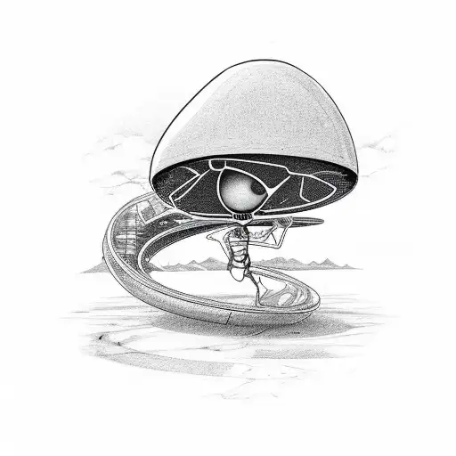 an Alien sitting on a slide. I would like a simple style, black and white, similar to Adolf Hoffmeister, dash shaw  tattoo design idea