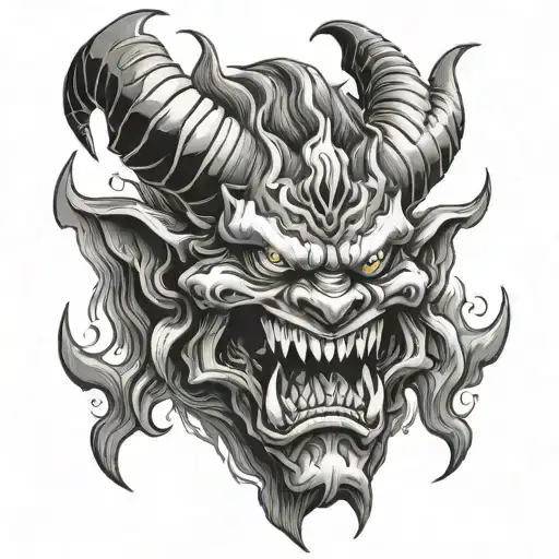 Demon mask oni with a scalpel in his teeth tattoo design idea