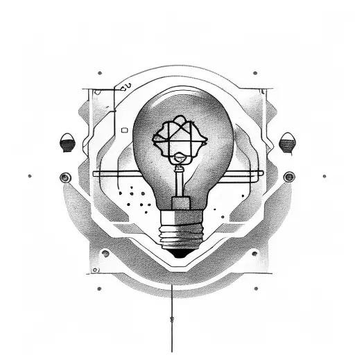 bulb in the middle of cpu chip and circuit around cpu chip, with crypto coin and key tattoo design idea