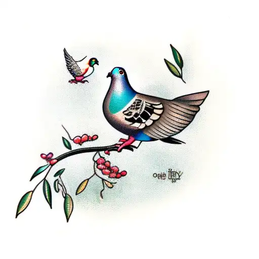 a pigeon with a branch in its mouth hovering over an olive tree tattoo design idea