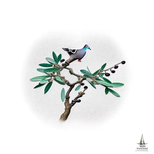 a pigeon with a branch in its mouth hovering over an olive tree tattoo design idea