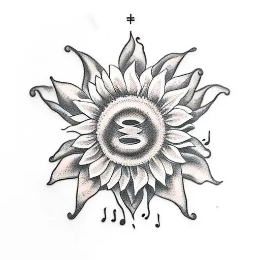 A nurse wearing a sunflower crown, holding a coffee mug with musical notes flowing out of it tattoo design idea