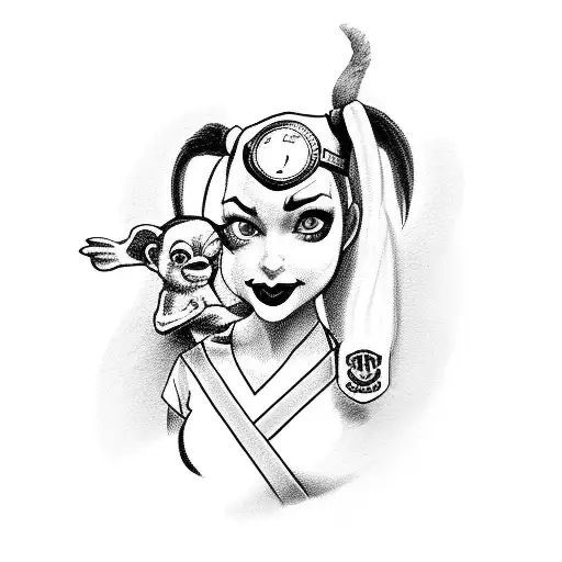 A nurse in a Harley Quinn-inspired outfit holding a monkey tattoo design idea