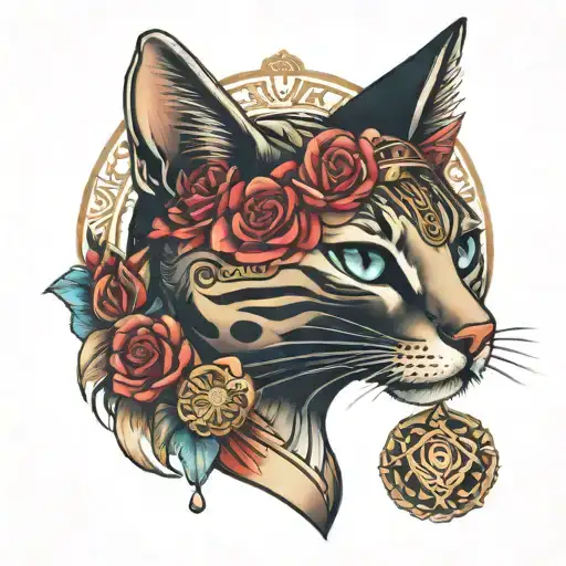 Egyptian cat rose diamonds tattoo design idea