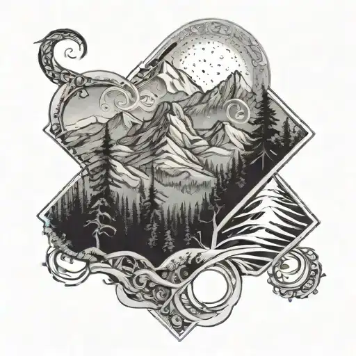 An intricate quad riding trail winding through a forest with mountains in the background tattoo design idea