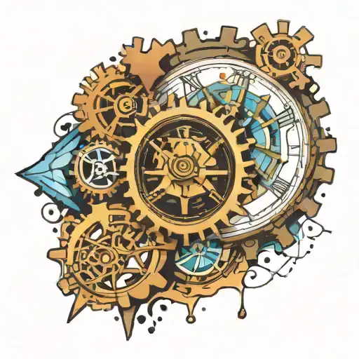 half clock gears and half compass with broken glass tattoo design idea